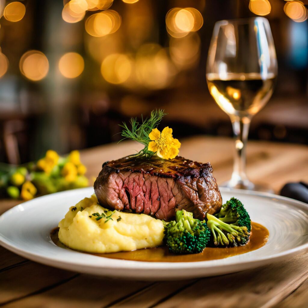 Firefly restaurant. spring flowers. ribeye with broccolini and mashed potatoes on white plate. wine.